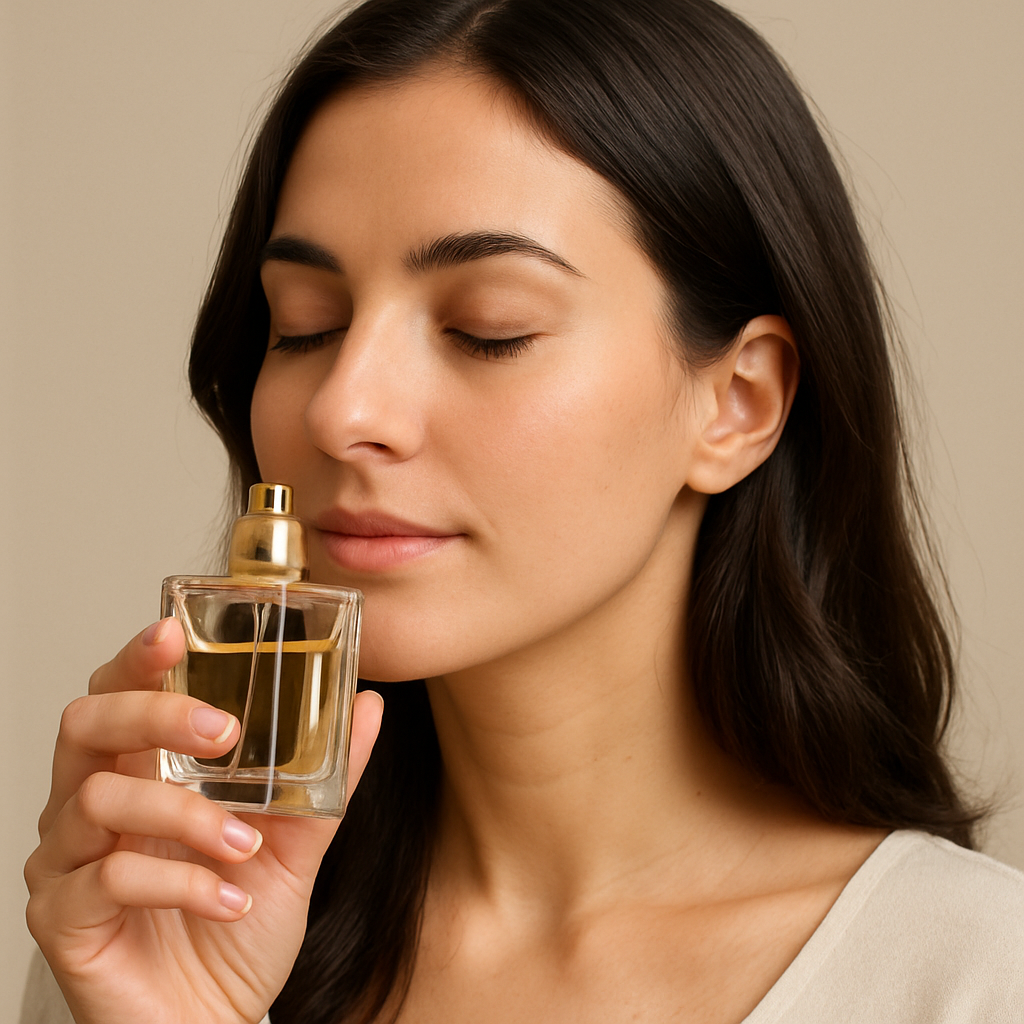 Woman smelling perfume bottle